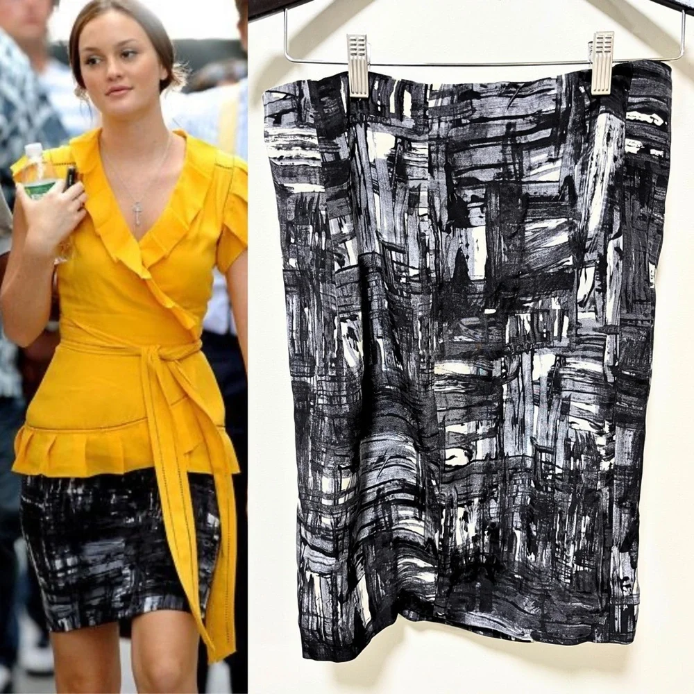 ASO Blair Waldorf in Gossip Girl Vince Abstract Brushstroke Pencil Skirt
